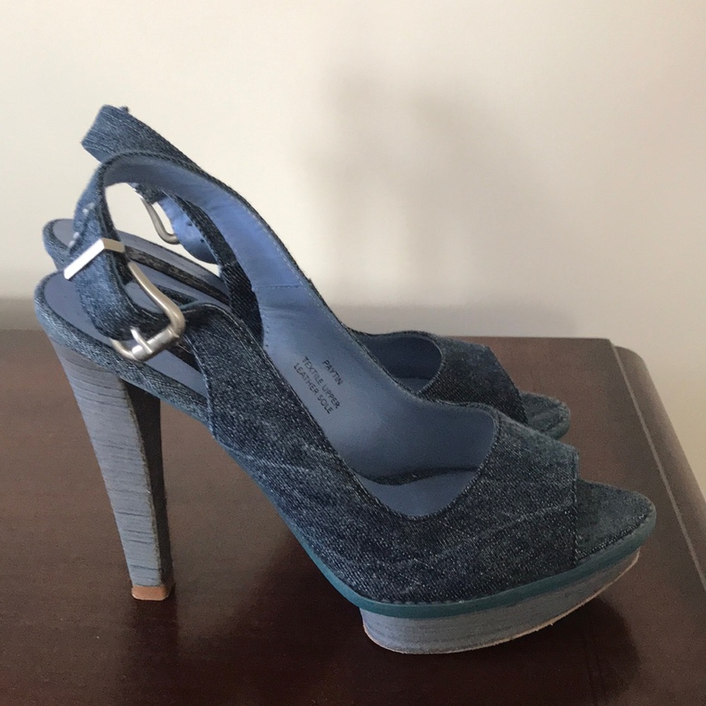 Denim open toe sling back